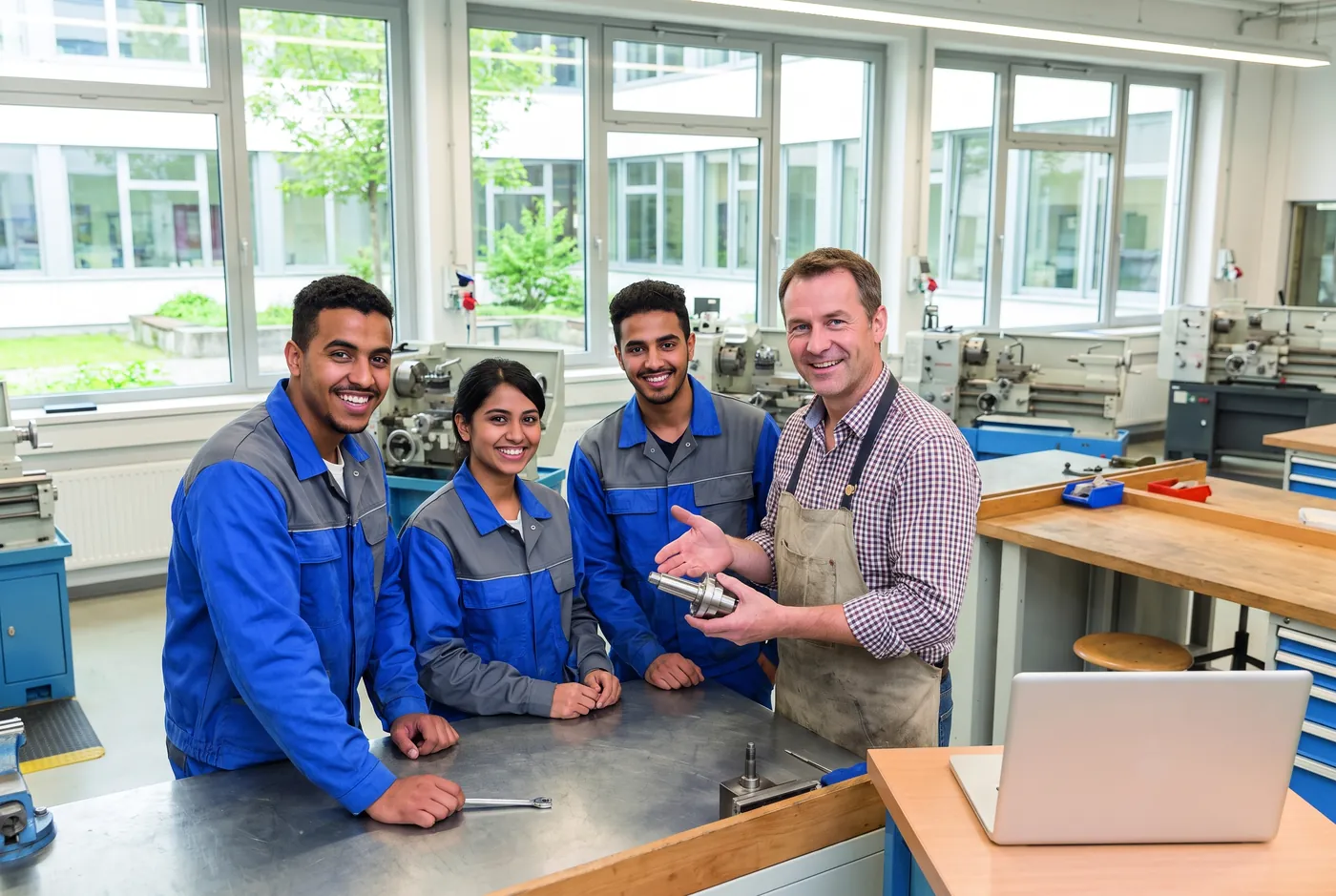 Auszubildende mit ihrem Ausbilder in der Lehrwerkstatt